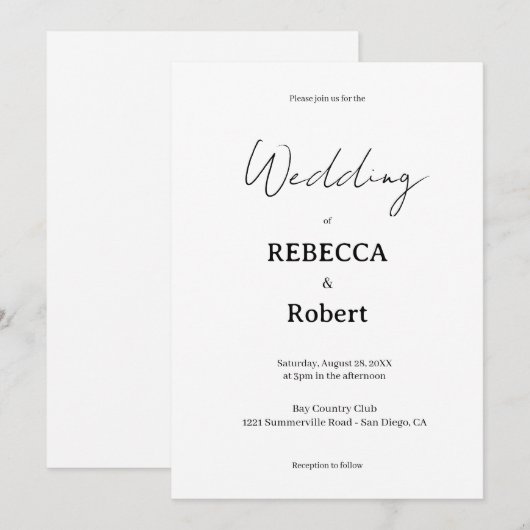 Simple Classic Black & White Wedding Invite Einladung (Vorne/Hinten)