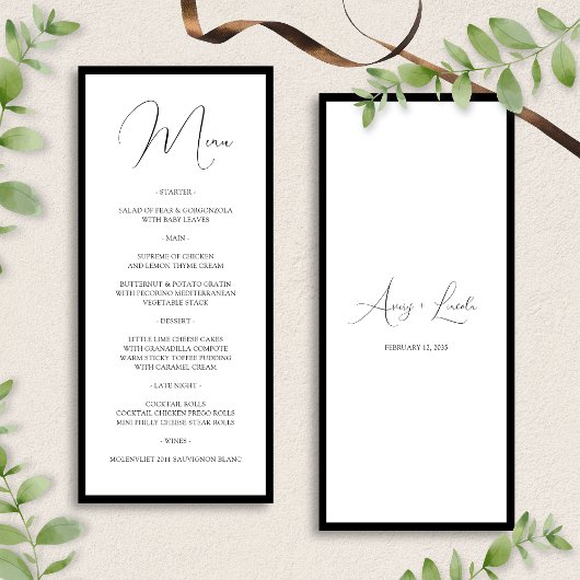 Simple Classy Black & White Border Script Wedding Menükarte