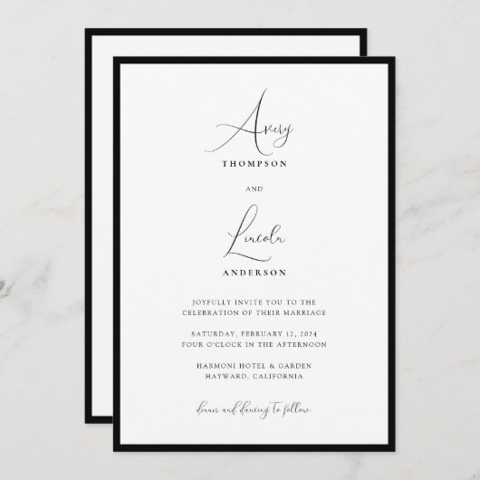 Simple Classy Black & White Border Wedding QR Code Einladung (Vorne/Hinten)