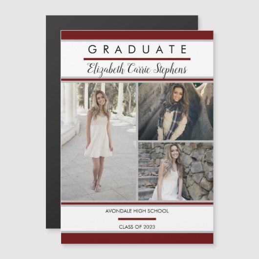 Simple Classy Three Foto Maroon |Weißer Abschluss Magnetkarte (Vorne/Hinten)