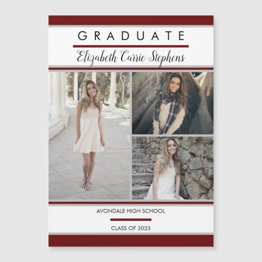 Simple Classy Three Foto Maroon |Weißer Abschluss Magnetkarte (Vorderseite)
