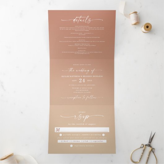 Simple Clay Terra Cotta & Yellow Ombre Wedding Dreifach Gefaltete Einladung (Innenseite)