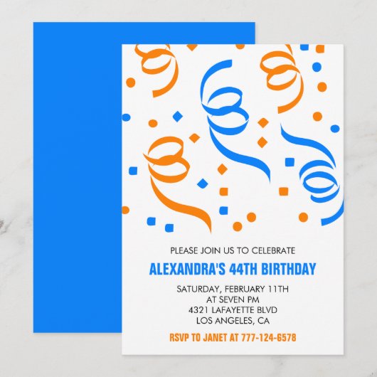 Simple Confetti 44. Geburtstag Einladungen Blau (Vorne/Hinten)