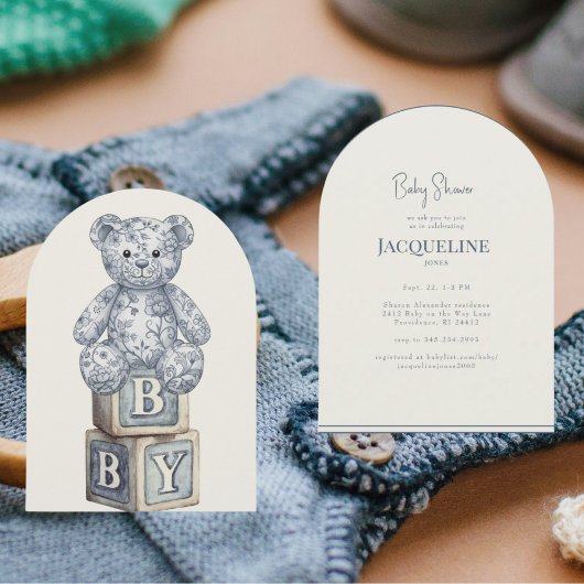 Simple Cream & Blue Teddy Bear Arch Baby Shower Einladung