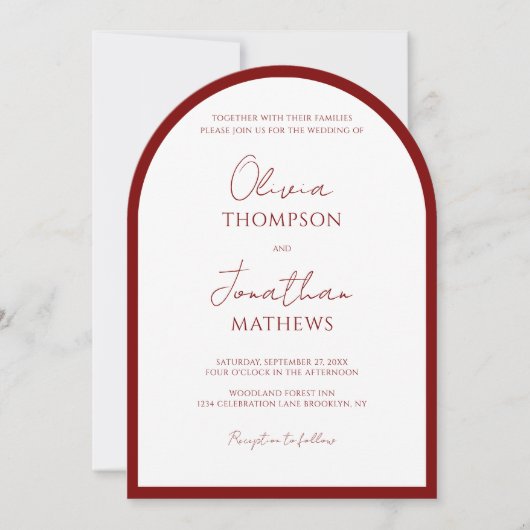 Simple Crimson Red Border Script Wedding Arch Einladung (Vorderseite)