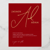 Simple Crimson Red Script Wedding Gold Folie Einladungspostkarte (Vorderseite)