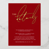 Simple Crimson Red Typografy Wedding Details Gold Folie Einladungspostkarte (Vorderseite)