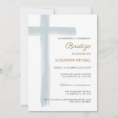 Simple Cross Boy Baptism Bautizo Dusty Blue Einladung (Vorderseite)