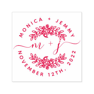 Simple Custom Leaves Initials Script Round Wedding Permastempel