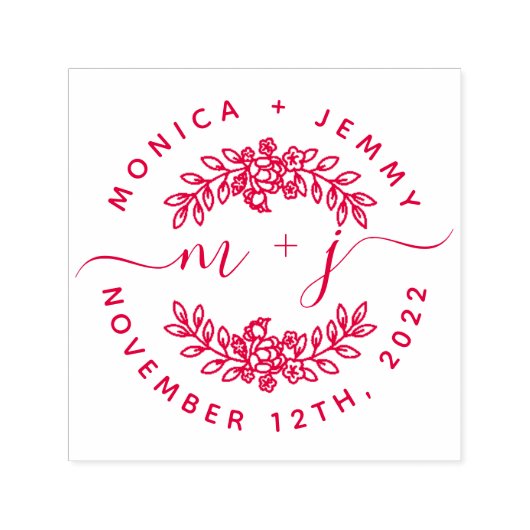 Simple Custom Leaves Initials Script Round Wedding Permastempel (Design)