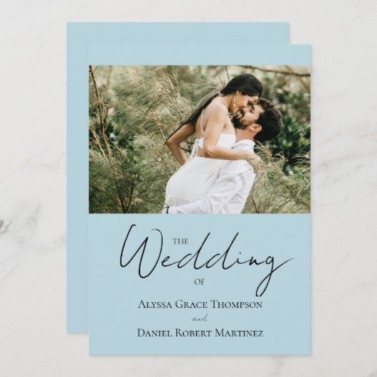 Simple Custom Photo Black white blue Wedding Einladung (Vorne/Hinten)