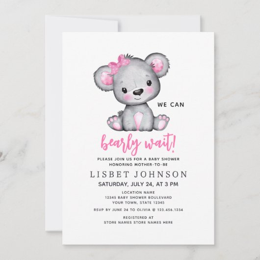 Simple Cute We Can Bearly Wait Pink Baby Shower Einladung (Vorderseite)