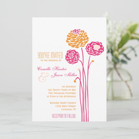 Simple Dahlia - Rosa & Orange Wedding Einladung (Stehend Vorderseite)