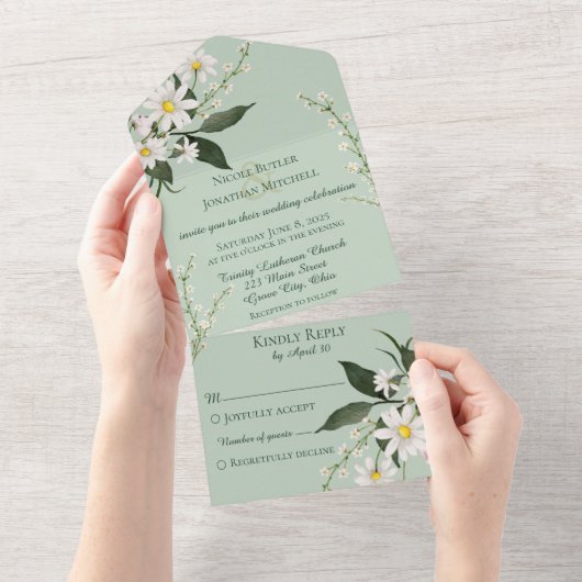 Simple Daisies on Sage Green All In One Einladung (Abreißen)