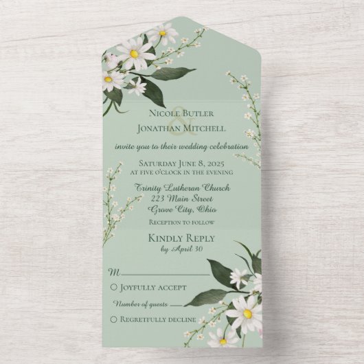 Simple Daisies on Sage Green All In One Einladung (Innen Boden)