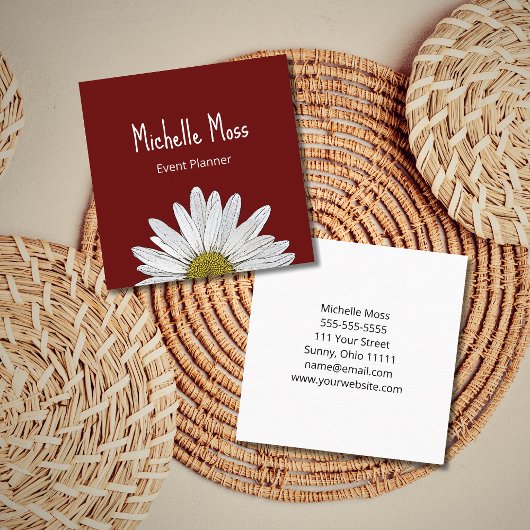 Simple Daisy Boho Red Burgundy Event Planner Quadratische Visitenkarte
