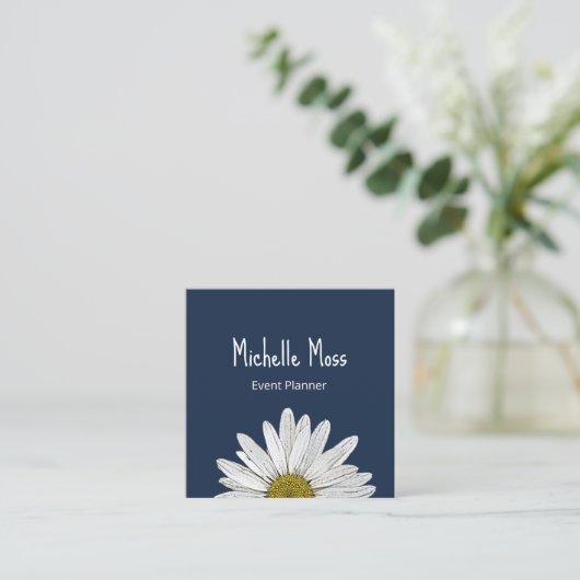 Simple Daisy Botanical Boho Navy Blue Quadratische Visitenkarte (Stehend Vorderseite)
