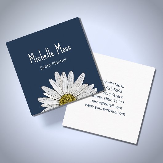 Simple Daisy Botanical Boho Navy Blue Quadratische Visitenkarte