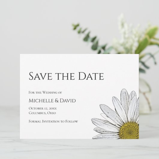 Simple Daisy Floral Wedding Schwarz-weiß Save The Date (Stehend Vorderseite)