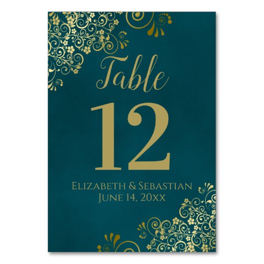 Simple Dark Teal and Gold Elegant Frilly Wedding Tischnummer (Vorderseite)