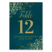 Simple Dark Teal and Gold Elegant Frilly Wedding Tischnummer (Rückseite)