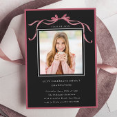 Simple Deep Blush Bow Graduation Party Photo Black Einladung