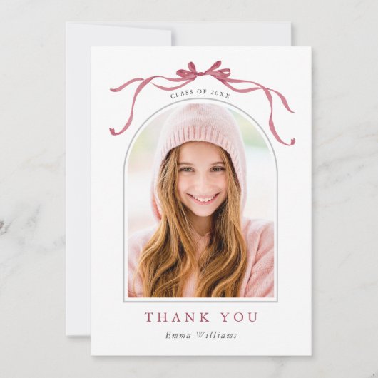 Simple Deep Blush Bow Graduation Photo Dankeskarte (Vorderseite)