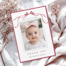 Simple Deep Blush Pink Bow Birthday Photo  Dankeskarte