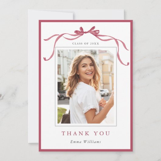 Simple Deep Blush Ribbon Bow Graduation Photo Dankeskarte (Vorderseite)