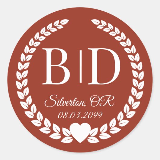 Simple Deep Burnt Sienna Monogram Wedding Runder Aufkleber (Vorderseite)