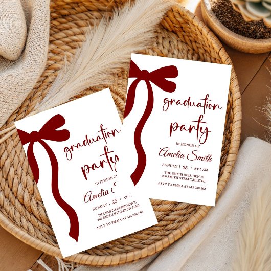 Simple  Deep Red Bow graduation party invitation Einladung