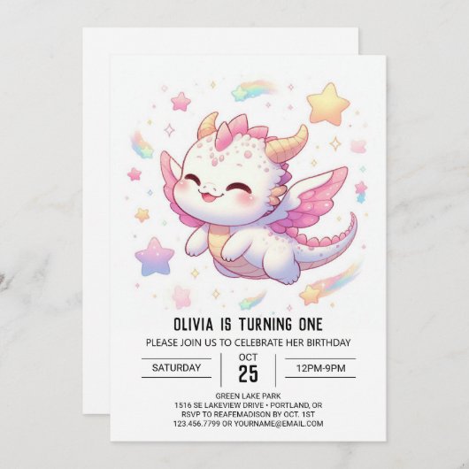 Simple Dragon 1. Geburtstag Einladung (Vorne/Hinten)