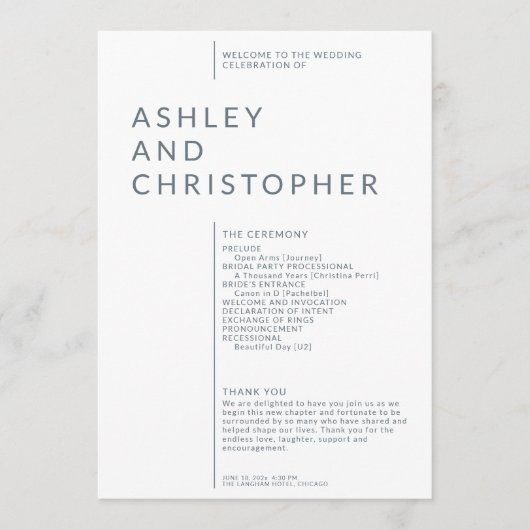 Simple Dusty Blue Abgeschieden Names Wedding Zerem Programm (Vorderseite)