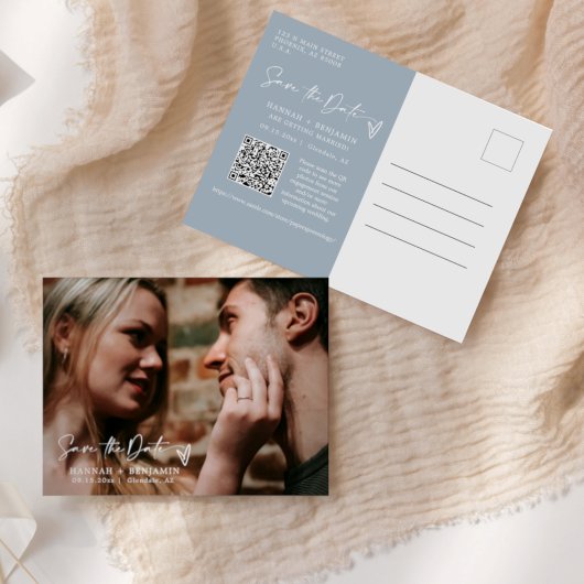 Simple Dusty Blue Boho Save the Date QR Code Foto Postkarte