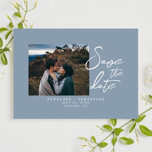 Simple Dusty Blue Calligraphy Boho Foto Wedding Save The Date