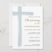 Simple Dusty Blue Cross Boy Christening Baptism Einladung (Vorderseite)