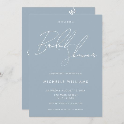Simple Dusty Blue Elegantes Script-Brautparty Einladung (Vorne/Hinten)