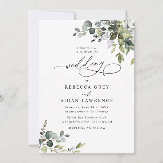 Simple Dusty Blue Eukalyptus Greenerity Wedding Einladung (Vorderseite)