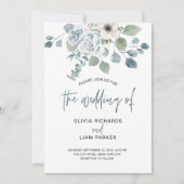 Simple Dusty Blue Floral and Eukalyptus Wedding Einladung (Vorderseite)