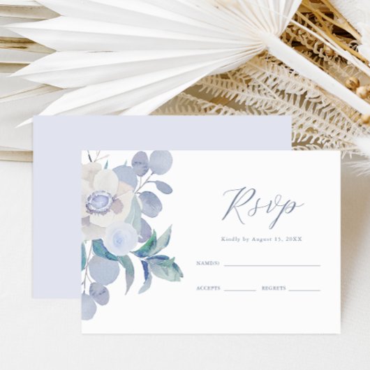 Simple Dusty Blue Floral Wedding RSVP Karte