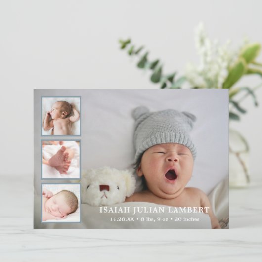 Simple Dusty Blue Foto Collage Boy Birth Ankündigung (Stehend Vorderseite)