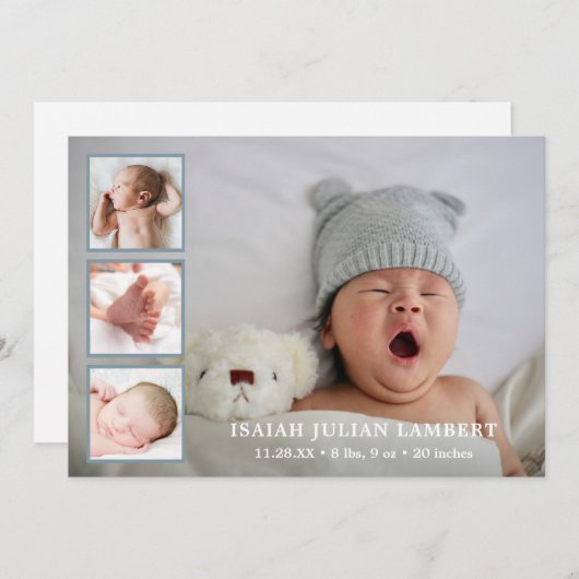 Simple Dusty Blue Foto Collage Boy Birth Ankündigung (Vorne/Hinten)