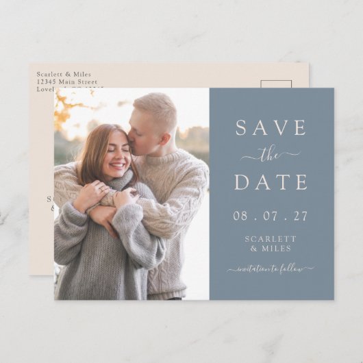 Simple Dusty Blue Foto Save the Date Hochzeit Ankündigungspostkarte (Vorne/Hinten)