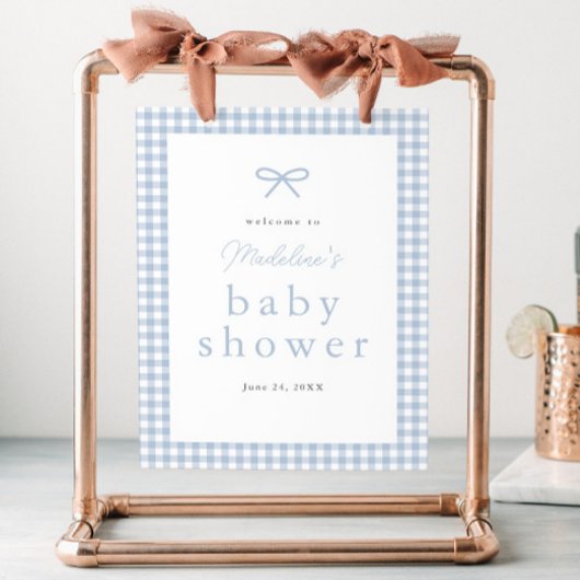 Simple Dusty Blue Gingham Boys Baby Dusche Willkom Poster