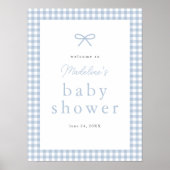 Simple Dusty Blue Gingham Boys Baby Dusche Willkom Poster (Vorne)