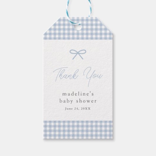 Simple Dusty Blue Gingham Boys Baby Shower Gevor Geschenkanhänger (Vorderseite)