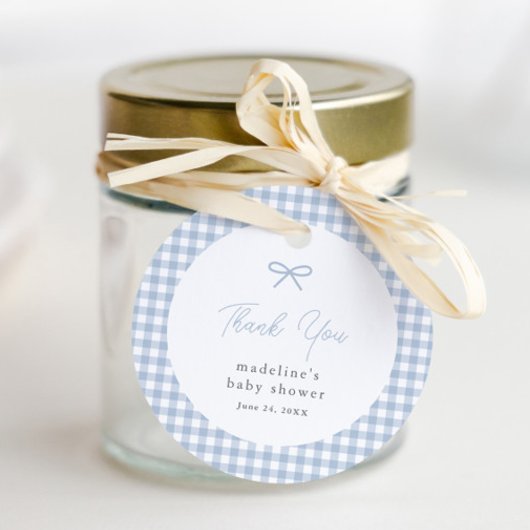 Simple Dusty Blue Gingham Boys Baby Shower Gevor Geschenkanhänger