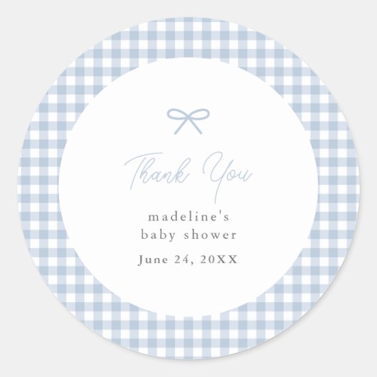 Simple Dusty Blue Gingham Boys Baby Shower Gevor Runder Aufkleber (Vorderseite)