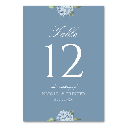 Simple Dusty Blue Hydrangea Wedding Table Number Tischnummer (Vorderseite)