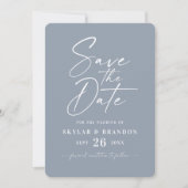 Simple Dusty Blue mit Script und Foto Wedding Save The Date (Vorderseite)
